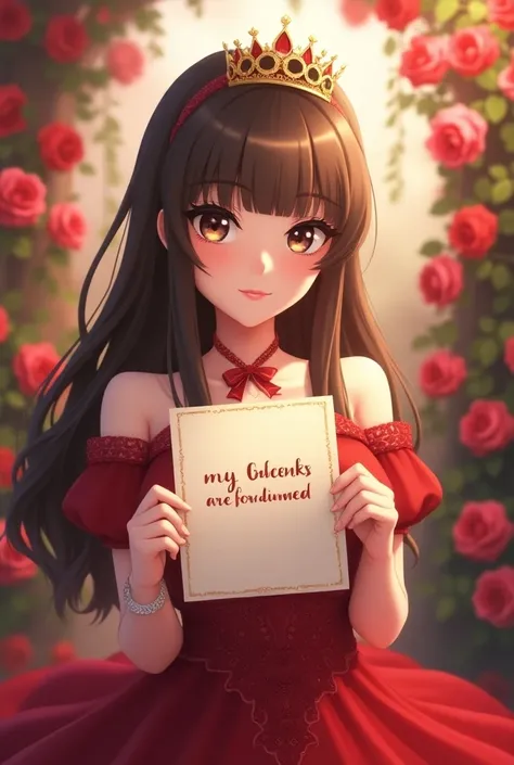 Beautiful adult princess (anime 3D)with nice round lenses and a crown,  with straight brown hair , red dress, showing a letter with the text "My cheeks are forbidden "  y rosas de fondo 