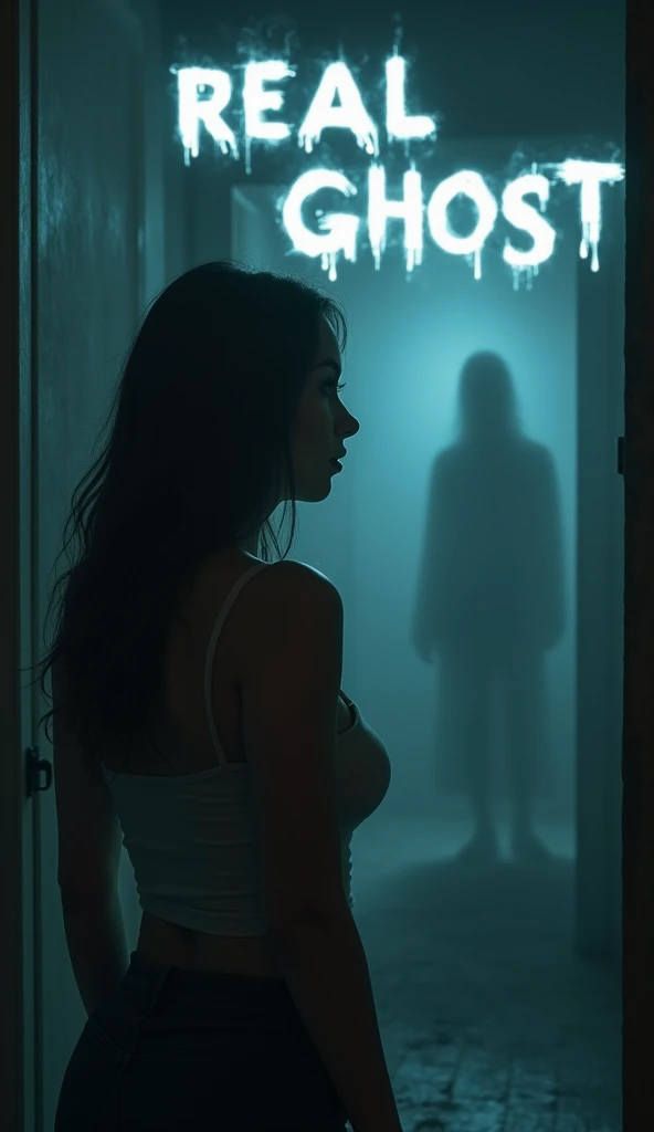 A spooky story about a teenage beautiful boobs poing clear face girl named and a ghost. The image should show a curvy teenage girl alone in a dimly lit room, looking frightened. The background should be eerie, with dark shadows and a faint, ghostly figure ...