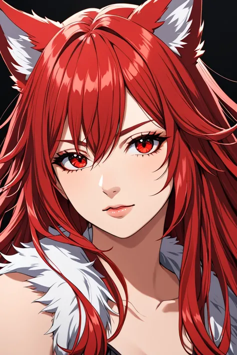 female with long red hair, wolf ears, red eyes