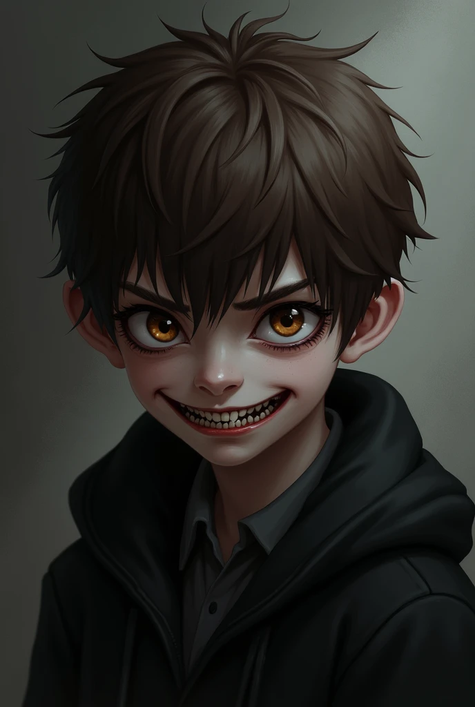 Brown-haired boy with brown eyes with fire  , with a hateful face and a creepy smile ,  black jacket 