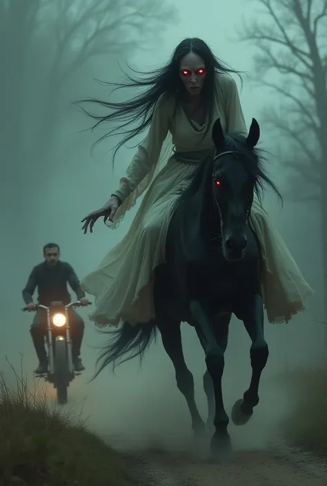 "A scary old ghost was riding a black horse. Her face was pale and her eyes glowed red, her hair was long and tangled, she was wearing a torn white dress. In front of her, *two men who looked scared were riding a motorbike, trying to run away from the gran...