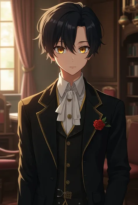 An attractive adult boy 
short straight hair down black golden eyes costume old era noble fantasy Victorian background an office old era anime style 