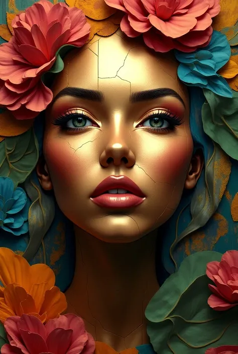 Bronze woman face painting with geometric shape composing the face.
Multicolor background with vegetable shape  
