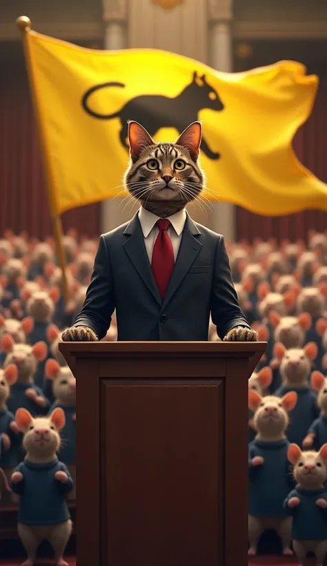 (policy) A cat in a suit and tie stands at a podium and gives a speech to a group of mice, The mice were wearing shirts，Holding a yellow flag with a cat on it. 