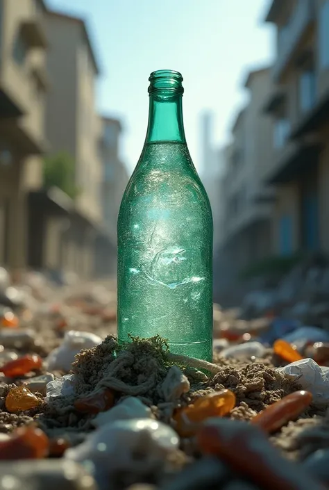  An image in the context of recycling that shows a bottle coming out of the garbage and becoming something luxurious after recycling. The idea is to create this image through the motto from garbage to luxury. 