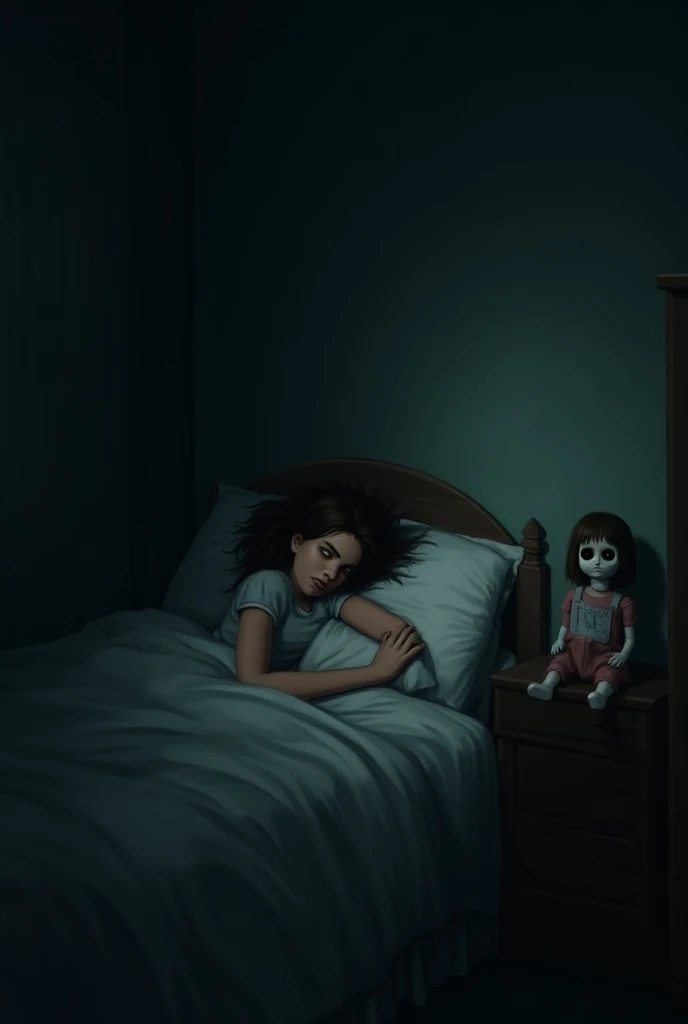 The room is dark, and Maya, lying on the bed, hears whispers.  The doll sits beside the bed, and a strange shadow moves around it.