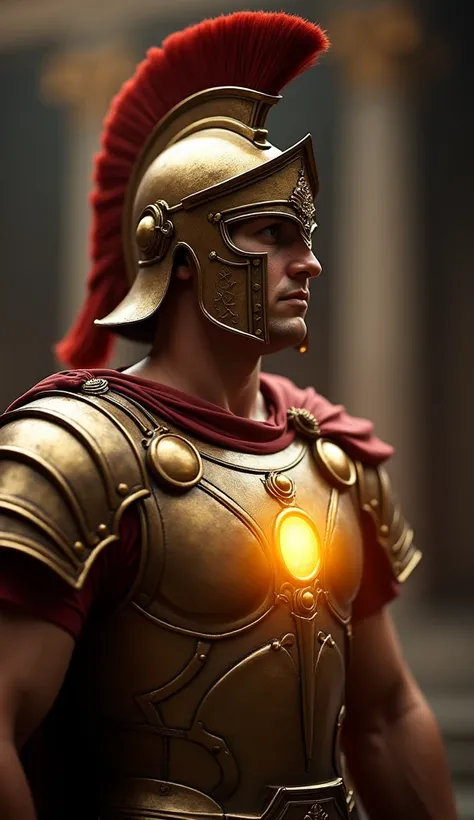 Prompt: "Detailed image of a Roman soldiers breastplate, symbolizing justice, and the helmet of salvation, both glowing faintly in a golden light. The image conveys protection and spiritual security, focusing on the parts of the armor that protect the hear...