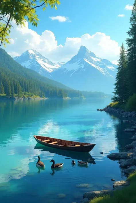 a serene lake with crystal clear water, sunlight reflecting on the surface, lush green forests surrounding the lake, majestic snow-capped mountains in the background, a small wooden boat floating peacefully on the water, a group of ducks swimming gracefull...