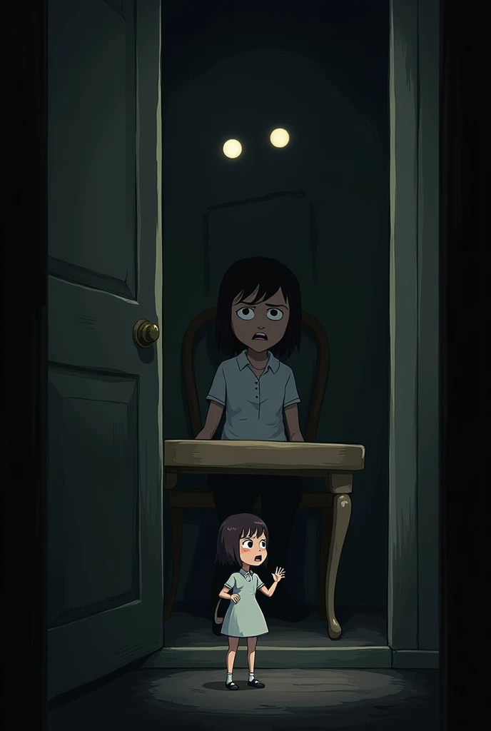 The doll is once in the corner of the room, and again on the table, as if changing places by itself.  Maya looks at the doll with scared eyes.