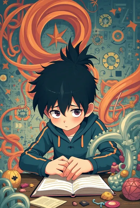  The illustration shows a  solving a complex logic problem, with abstract elements surrounding it ,  representing the formal thought phase . Illustration, ANIME STYLE, anime, character design, Pixar, 