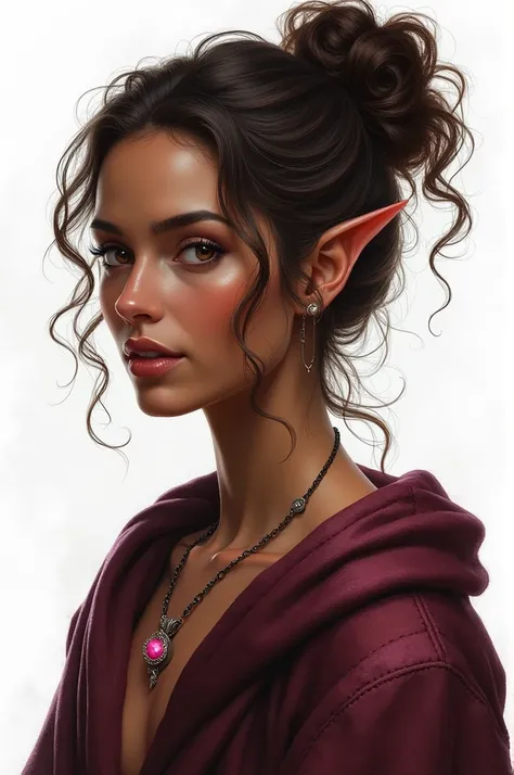  An elegant sorceress elf with an imposing and mysterious presence . Her very curly chocolate brown hair tied in a bun with loose locks,  frames her face softly ,  giving her an air of grace and strength . Her chocolate skin ,  suggesting the enchanting en...