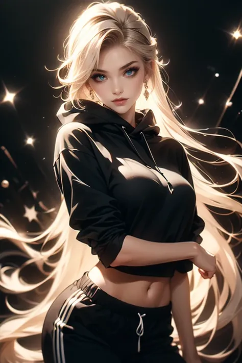 In a modern studio, a stunning Thai woman with flowing blonde hair stands confidently in a black hoodie and matching sweatpants, embodying street fashion. Soft bluish-white LED accents cast an ethereal glow, contrasting with matte black walls and glossy ac...