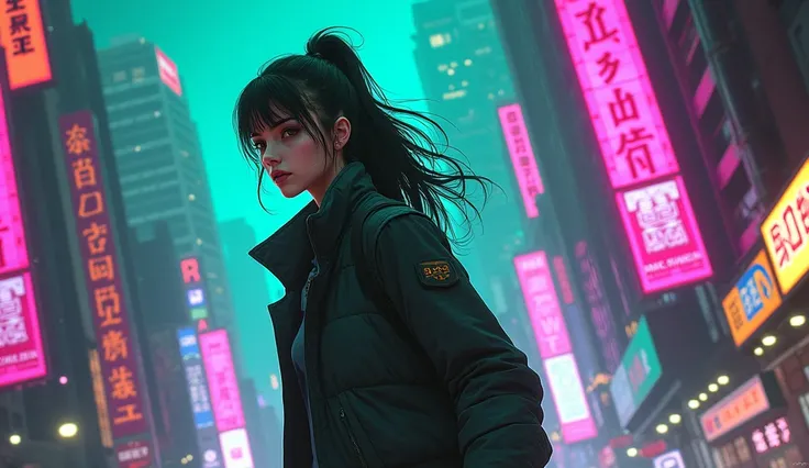 a young woman walks against a backdrop of tall buildings covered in green and purple neon signs, showing an unwavering forward movement. forward-focused gaze. side shot