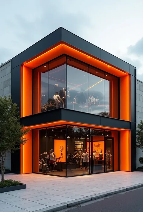 Create a sports store-style façade in orange and black and white 