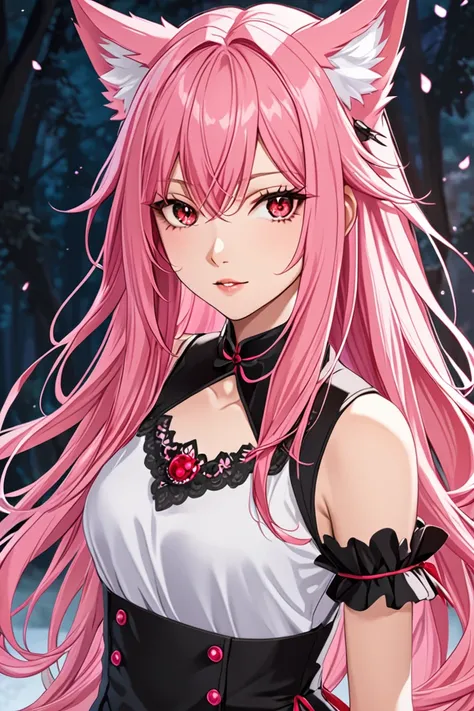 female with long pink hair, wolf ears, red eyes