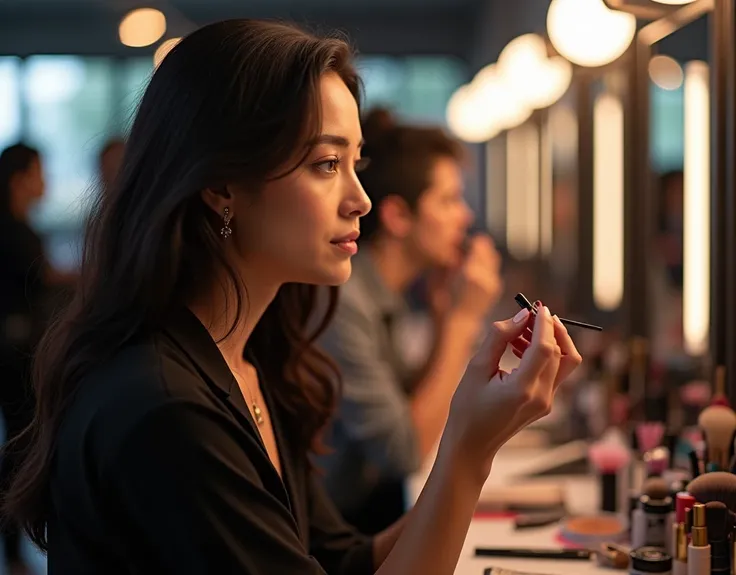 Beautiful black-haired woman takes makeup classes in a professional studio