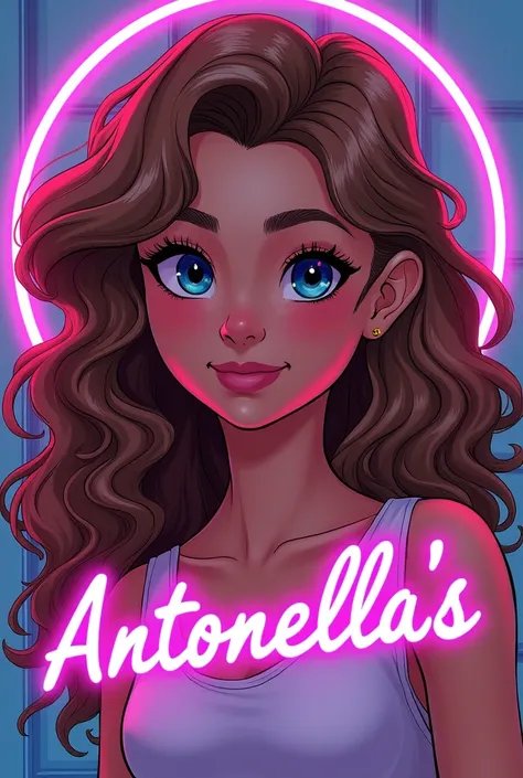 Beautiful girl comics light brown curly hair with Antonellas name in purple neon