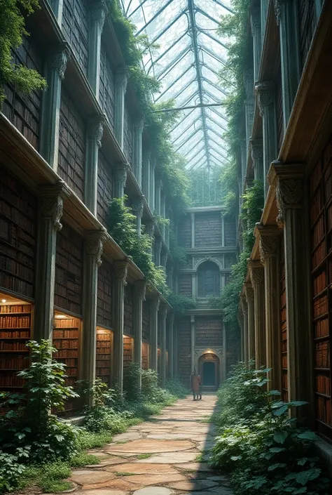 Very large and tall glass library with lots of medieval books 