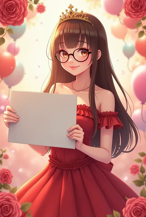 Beautiful adult princess (anime 3D)with nice round lenses and a crown,  with straight brown hair , red dress,  showing a blank letter,  roses and balloons in the background  