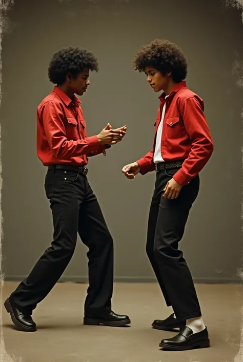 A young man with dark brown hair and curly Afro teaching Michael Jackson how to dance in the clothes from the thriller song and make it look like an old, low-quality photograph 