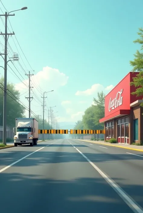 Road without traffic with a traffic light , On the right a Coca-Cola company , inside the company there is an open yellow and black barrier visible on the door ,  a truck leaves the Coca-Cola company with the yellow and black toll barrier visible, The barr...