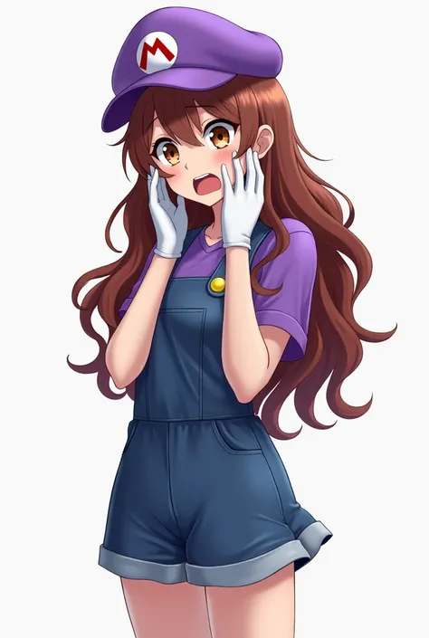 master part, beautiful, 4k, DETAILED,  intricate details  , Girl Girl  , change,  purple shirt with blue overalls and blue miniskirt,  Mario bros cap but purple  , chestnut,  long tails of brown hair  ,  White gloves  ,  long tails of wavy hair  ,  brown e...