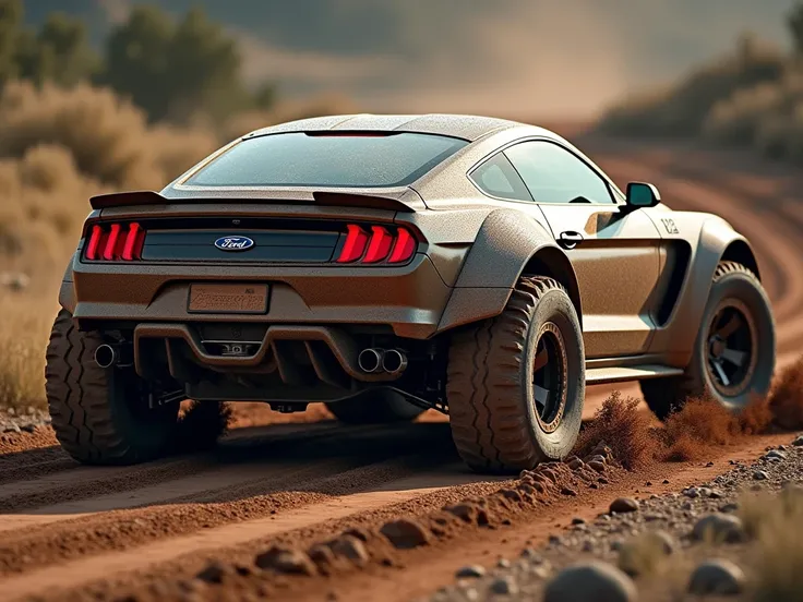 Side view of the Ford Mustang with chunky off-road tires and large mud flaps on a dirt track, with mud splattered on the wheels and rear panels, showcasing its rally-focused look.