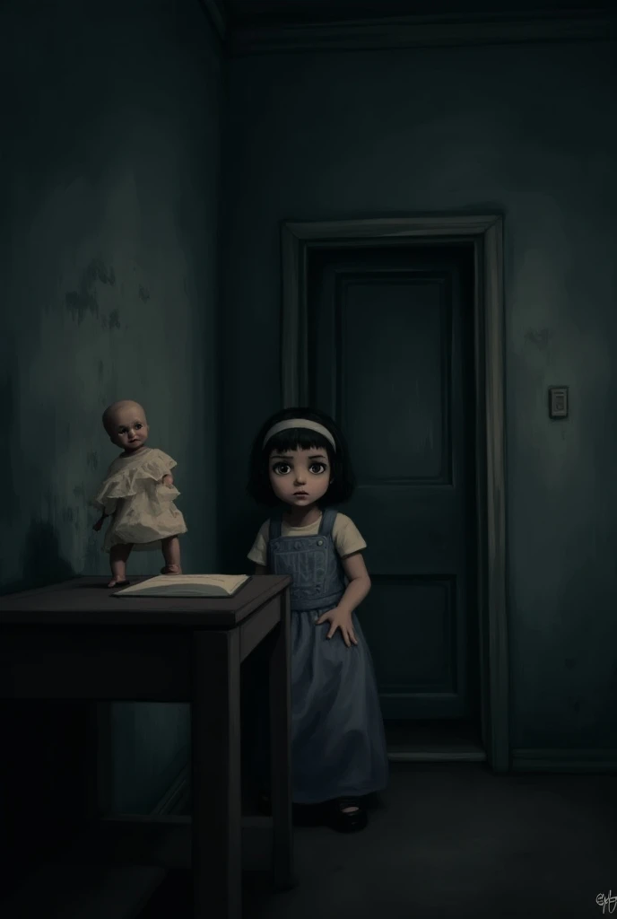 The doll is once in the corner of the room, and again on the table, as if changing places by itself.  Maya looks at the doll with scared eyes.