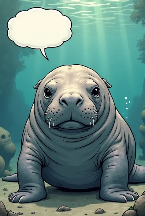 comic style, a baby manatee talking to the camera in front with a text box to write a dialogue or a philosophical or wisdom phrase  