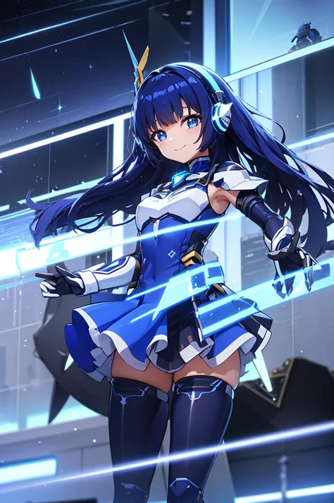  and smiles 、mecha wing、Thighs、tights、chest、Shiny blue hair、 1 girl、 solo girl 、 headphones、idol dress、idol skirt、mecha girl、Light Blue Armor、 white miniskirt 