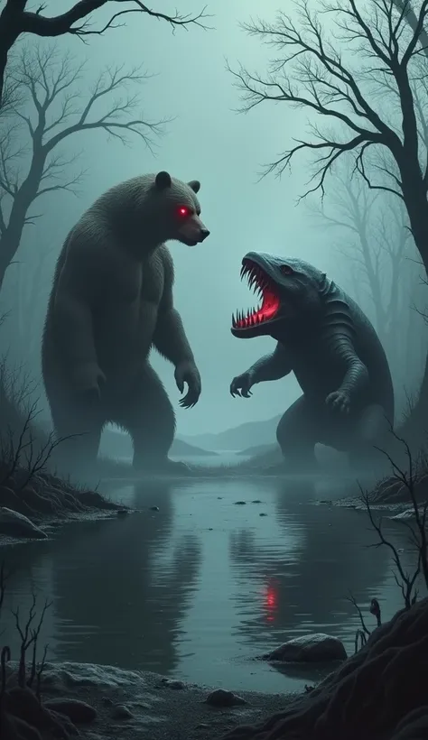 "Two formidable creatures face each other along the shore of a dark, mist-covered lake. On one side stands a massive bear, its muscular form tense, red eyes glowing as it prowls forward with an intimidating presence. Opposite it, a large lamprey slithers p...