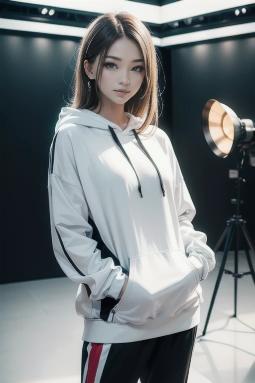 In a modern studio, a stunning Thai woman with flowing blonde hair stands confidently in a black hoodie and matching sweatpants, embodying street fashion. Soft bluish-white LED accents cast an ethereal glow, contrasting with matte black walls and glossy ac...