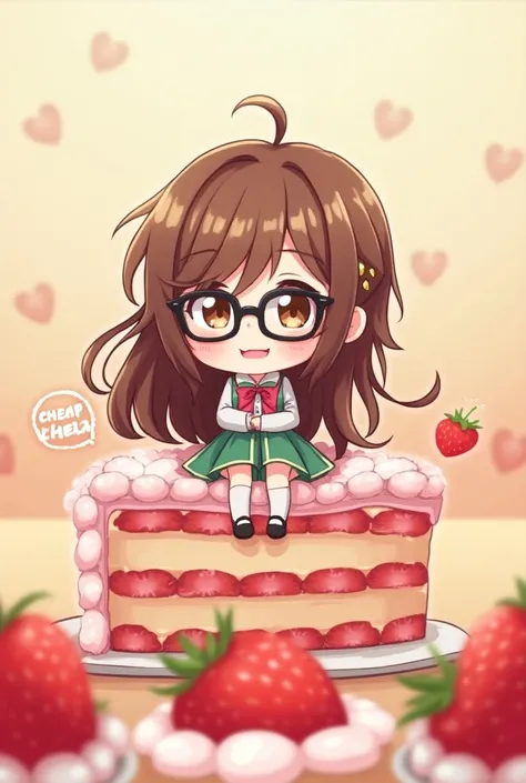 Cute chibi anime sitting on pice of strawberry cake, long brown hair with black glasses、wearing colorful clothing, Smiling, Logo is cheap、Colorful