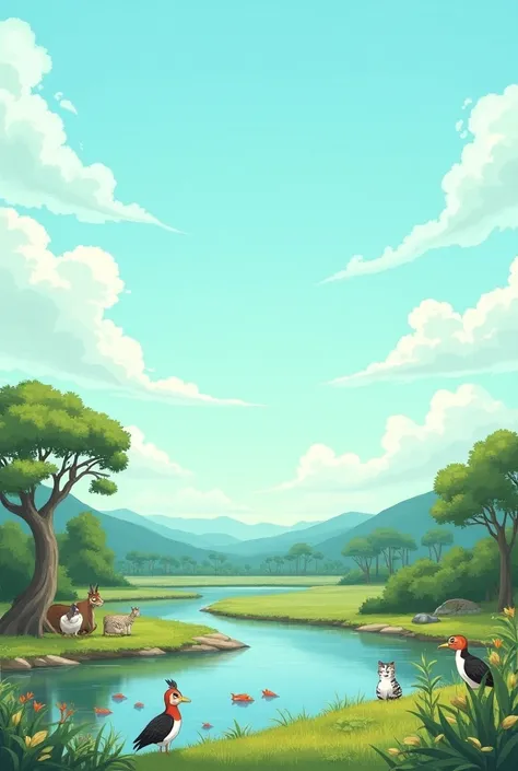  A natural landscape of Camaná ,  such as a river or field . text:  “Camaná is home to many animal species that live together in harmony in its diverse ecosystems.” Illustration :  Shows a panoramic view with anime-style birds ,  fish and terrestrial anima...