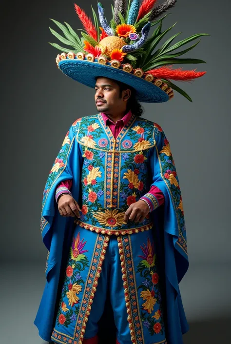 Mens carnival costume for a contest based on the coat of arms of the department of Cajamarca- Peru,  in all its colors, flora and fauna. blue colors 
