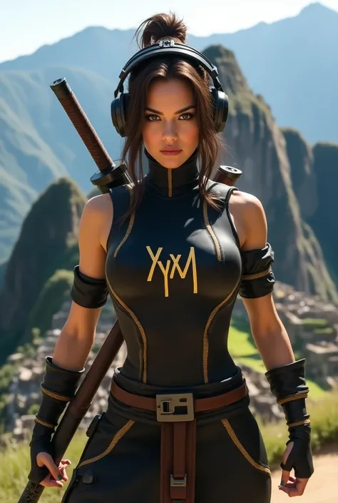 Ninja warrior woman with loose brown hair and brown eyes wears a tight black and gold costume with the initials  "Yma "  On her black chest and some headphones that say  "Yma "  she is in attack position with a penetrating look and smile she wears two kata...