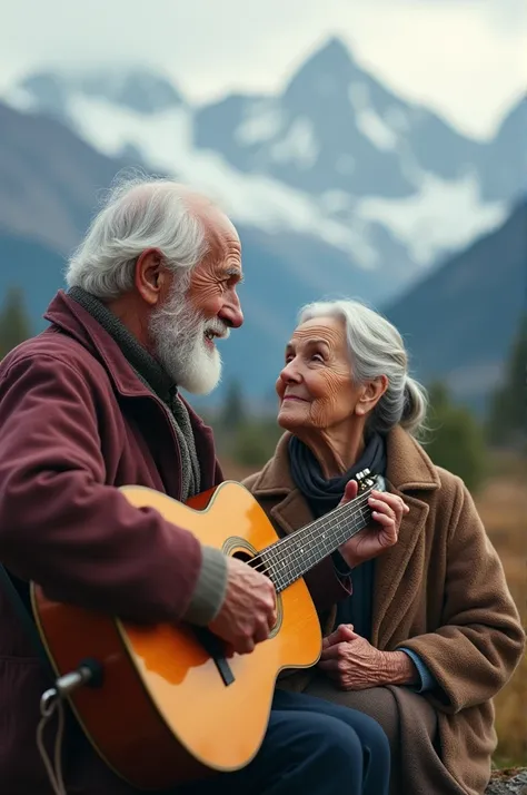 Make the handsome old man with the guitar singing to his old wife and let them be in Christian clothes in Alaska 