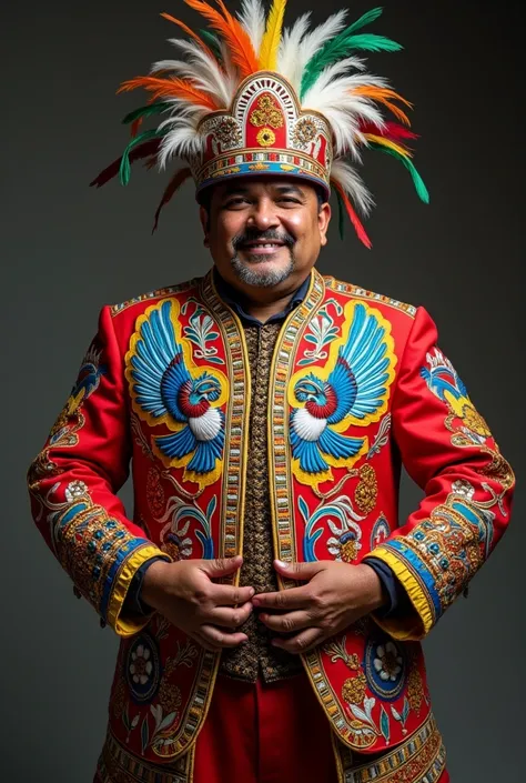 Mens carnival costume for a contest based on the coat of arms of the department of Cajamarca- Peru,  in all its colors, 
fauna. 
