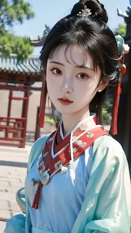 a girl, ancient chinese clothing, whole body, sunlight, clear face,  pure white background , masterpiece,  super detailed ,  epi...