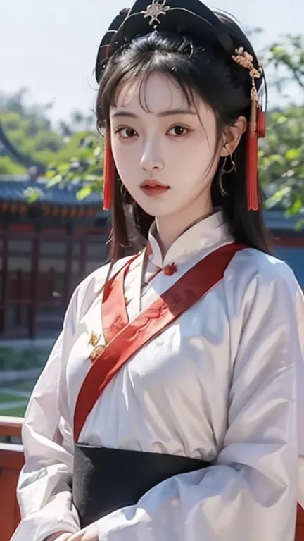 a girl, ancient chinese clothing, whole body, sunlight, clear face,  pure white background , masterpiece,  super detailed ,  epi...