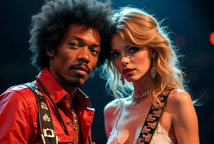 Beautiful photo of dynamic performing of Jimi Hendrix and Taylor Swift, looking at viewer,light up the faces