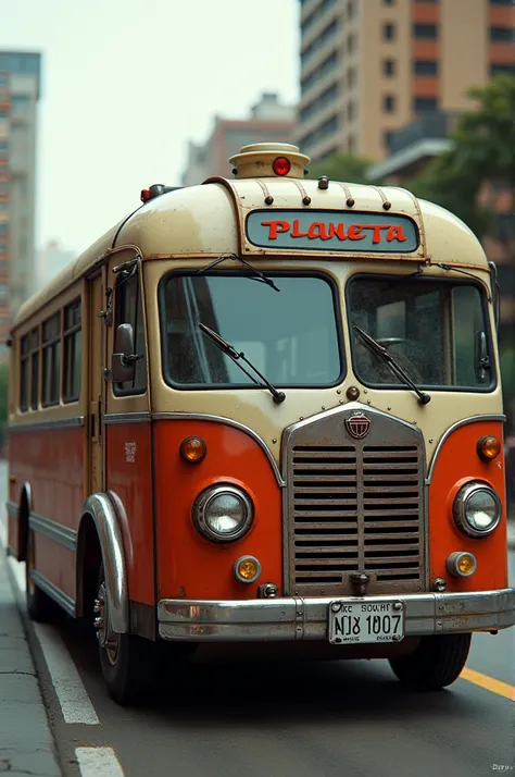 An LD G7 bus with dark beaded windows showing a front and side part with the name Planeta 