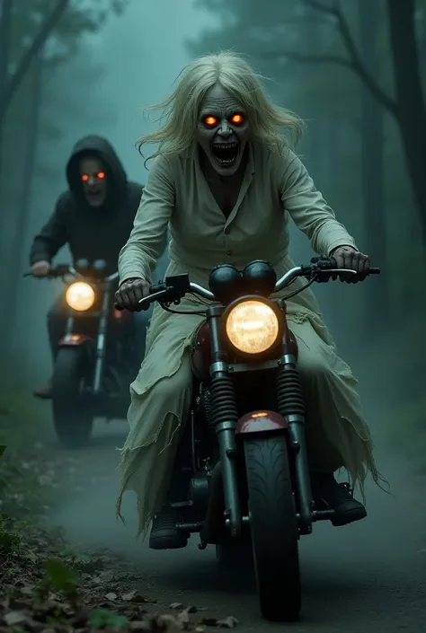 "A scary old ghost was riding a black motorbike. Her face was pale and her eyes glowed red, her hair was long and tangled, she was wearing a torn white dress. Behind her, *Two men who looked scared were riding a motorbike*, trying to run away from the gran...