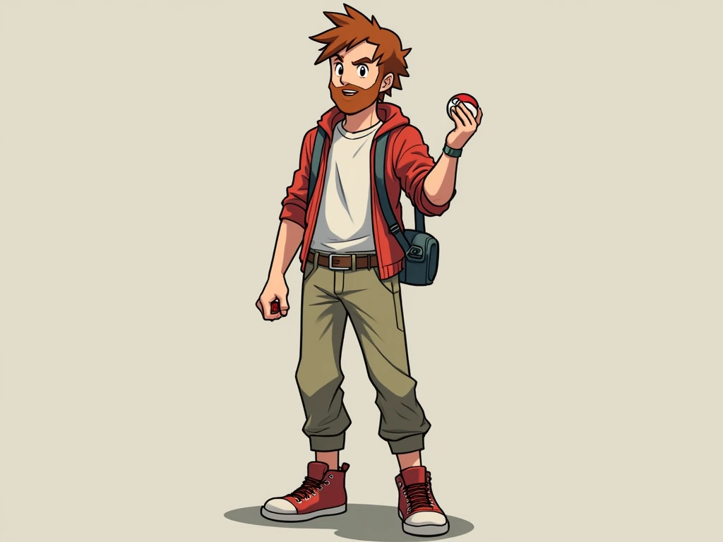 full image, from head to toe, From a Caucasian man, brown hair and a red beard   . wearing pants and a  . pokemon trainer, with his right arm raised and holding a Pokéball in his right hand.