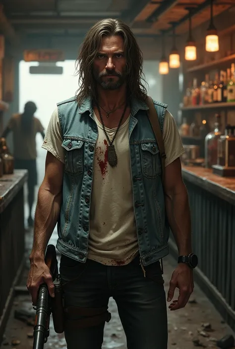    Create a realistic image of a man with long brown hair Wear an old and dirty light blue ripped denim vest.  Dirty black pants .  Wear a blood-stained white t-shirt .  Youre wounded   .   Hold a rifle   .    Youre at a post-apocalyptic bar   .  In the zo...