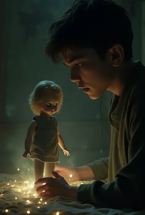 Gradually, Maya realized that the doll was not just an ordinary doll.  It is the spirit of his grandmother, who has returned to Maya."

 Maya is shocked looking at the doll.  Fear in his eyes, and a mysterious light radiating around the doll.