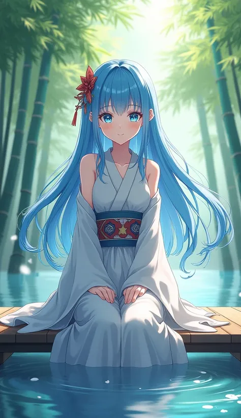 masterpiece, Best Quality, Official Art, 8k wallpaper,  very detailed, Illustration,  1 girl,  Sky Blue Hair , Long Hair,  detailed eyes on board, Forrest Gump,  Bare Shoulders, Hanfu, lake, pure, soft smile, bamboo, tea