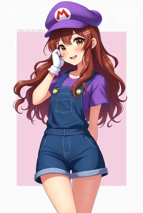 master part, beautiful, 4k, DETAILED,   intricate details   , Girl Girl   , change,   purple shirt with blue overalls and blue miniskirt,   Mario bros cap but purple   , chestnut,   long tails of brown hair   ,   White gloves   ,    long tails of wavy hair...