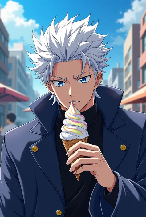 Create an image of the character Gojo from the anime Jujutsu Kaisen eating ice cream in the style of the anime itself.