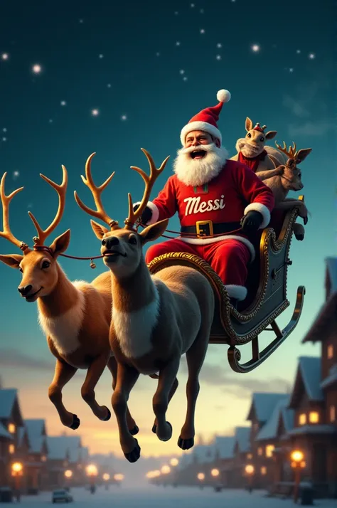 Genrate image skyfly Santa reindeer sit messi football team jersey, crazy smile,and down home image night backgrount